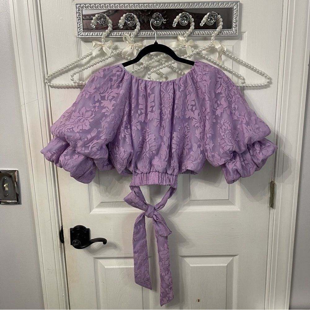 fab'rik Purple Flutter Sleeve Crop Waist Tie Blouse
